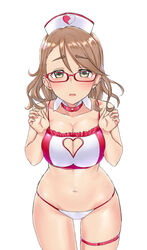  aimobake bespectacled blush bra breasts breasts_squeezed_together brown_hair clothing_cutout collar commentary_request cowboy_shot detached_collar female frilled_bra frills glasses green_eyes half-closed_eyes hat heart heart_cutout heart_print highres idolmaster idolmaster_cinderella_girls large_breasts looking_at_viewer medium_hair navel nurse_cap open_mouth panties partial_commentary red-framed_eyewear simple_background solo standing string_panties swept_bangs thigh_strap underwear underwear_only white_background white_collar white_hat white_panties yanagi_kiyora 