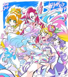  5girls aqua_hair blonde_hair blush choker cure_coral cure_flamingo cure_la_mer cure_papaya cure_summer dress earrings everyone fingerless_gloves gloves gradient_hair hair_ornament happy ichinose_minori jewelry kanmuryou kururun_(precure) laura_la_mer long_hair magical_girl midriff multicolored_hair multiple_girls natsuumi_manatsu open_mouth orange_hair pink_hair precure protected_link purple_dress purple_hair red_hair shirt skirt smile standing suzumura_sango takizawa_asuka tropical-rouge!_precure two-tone_hair white_choker white_gloves 