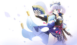  aqua_eyes armor armored_dress blunt_bangs bow commentary_request female folding_fan gauntlets genshin_impact grey_hair hair_ribbon hairbow hand_fan highres holding kamisato_ayaka kamisato_clan_(emblem) long_hair looking_at_viewer mole mole_under_eye partial_commentary petals ponytail qingye_ling ribbon sidelocks simple_background smile solo tress_ribbon wind 