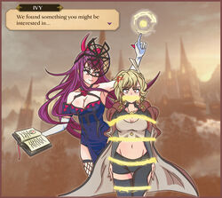  2girls absurdres anger_vein arm_up armpits asymmetrical_clothes bare_shoulders black_pants black_thighhighs blonde_hair bondage bondage book bound citrinne_(fire_emblem) commentary cowboy_shot crop_top dress earrings elbow_gloves fire_emblem fire_emblem_engage gagged gloves highres holding holding_book hoop_earrings iscreamman001 ivy_(fire_emblem) jewelry leggings long_hair looking_at_viewer midriff multiple_girls navel pants purple_dress purple_hair sage_outfit_(fire_emblem_engage) single_pantsleg single_thighhigh smile standing stomach thighhighs very_long_hair white_gloves 