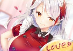  azur_lane black_bow blurry blurry_background blush bow bowtie breasts closed_mouth commentary_request female food food_writing frills headgear heart heart-shaped_pupils indoors large_breasts light_smile long_hair looking_at_viewer mole mole_on_breast multicolored_hair no_bra omelet omurice orange_eyes parted_bangs plate prinz_eugen_(azur_lane) puffy_short_sleeves puffy_sleeves red_eyes red_shirt satsuki_meguru shirt short_sleeves sideboob solo streaked_hair symbol-shaped_pupils tongue tongue_out two_side_up upper_body white_hair 