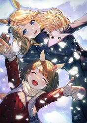  2girls animal_ears black_coat blonde_hair blue_eyes blush brown_gloves brown_hair buttons closed_eyes coat gloves gold_city_(umamusume) horse_ears horse_girl long_hair long_sleeves mittens multiple_girls open_mouth red_coat scarf short_hair smile snow snowing umamusume unowen white_scarf yukino_bijin_(umamusume) 