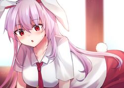  :o animal_ears blush breasts carrot_pin collarbone collared_shirt commentary_request female highres kneeling large_breasts light_purple_hair long_hair looking_at_viewer necktie open_mouth pink_skirt rabbit_ears rabbit_tail red_necktie reisen_udongein_inaba saki_(14793221) shirt sidelocks skirt solo sweatdrop tail touhou white_shirt wing_collar 