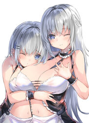  2girls blue_eyes breast_envy breasts grey_hair highres large_breasts long_hair maid medium_breasts multiple_girls navel one_eye_closed original short_hair simple_background tomura2maru very_long_hair white_background 