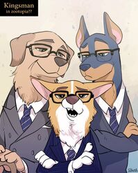  alternate_species anthro black_nose brown_nose canid canine canis crossover disney domestic_dog eggsy_unwin english_text eyebrows eyewear frown fur glasses group harry_hart kingsman_the_secret_service male mammal merlin_(kingsman) open_mouth raised_eyebrow rikuta_tp smile teeth text umbrella zootopia 