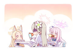  3girls animal_ear_fluff animal_ears blonde_hair blue_archive blue_bow blue_hair bow brown_hair capelet cellphone chibi commentary_request cross_halo cup dress eating feathered_wings flower food_in_mouth fox_ears gun hair_flower hair_ornament halo handgun harada_(sansei_rain) holding holding_cup holding_phone long_hair long_sleeves mika_(blue_archive) multiple_girls nagisa_(blue_archive) phone pink_eyes pink_flower pink_hair pink_halo puffy_long_sleeves puffy_sleeves seia_(blue_archive) spit_take spitting sweat table tea tea_party_(blue_archive) teacup turn_pale very_long_hair weapon white_background white_capelet white_dress white_flower white_wings wings yellow_halo 