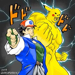  1980s_(style) 2boys abs araki_hirohiko_(style) artist_name baseball_cap black_hair brown_eyes commentary dodododo electricity fingerless_gloves gloves green_gloves hat jojo_no_kimyou_na_bouken jojo_pose male_focus manly multiple_boys muscular muscular_male parody pikachu pointing pointing_at_viewer pokemon pokemon_(anime) pokemon_(classic_anime) pokemon_(creature) pose quasimodox retro_artstyle satoshi_(pokemon) sound_effects stand_(jojo) style_parody yellow_fur 