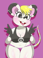  animal_crossing anthro bella_(animal_crossing) blep blonde_hair breasts buckteeth cleavage clothed clothing crop_top double_v_sign ear_piercing female front_view gesture hair hand_gesture hi_res looking_at_viewer mammal mouse murid murine nintendo nojimmyplz panties piercing pink_background pink_clothing pink_panties pink_underwear rodent shirt simple_background solo teeth tongue tongue_out tongue_piercing topwear underwear v_sign white_body 