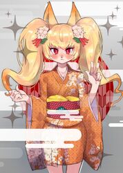  :&lt; animal_ears blonde_hair blush closed_mouth collarbone commentary female flat_chest floral_print flower fox_ears furry furry_female grey_background hair_flower hair_ornament hands_up japanese_clothes kimono long_hair long_sleeves looking_at_viewer nose_blush obi onikuman orange_kimono original red_eyes sash simple_background solo sparkle standing straight-on twintails w white_flower wide_sleeves 