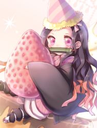  bit_gag black_hair blush chibi commentary_request female food foot_out_of_frame fruit gag gagged hat highres holding holding_food kamado_nezuko kimetsu_no_yaiba long_hair long_sleeves looking_at_viewer no_bangs party_hat pink_eyes ro_(igris-geo) sandals sidelocks sleeves_past_wrists solo strawberry tabi wide_sleeves 