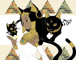  animal_ears armlet bastet_(mythology) black_cat black_hair bracelet cat_ears commentary dark-skinned_female dark_skin detached_sleeves dress earrings egyptian egyptian_clothes egyptian_mythology feline female gold hair_ornament hoop_earrings jewelry long_hair necklace original signature upper_body white_dress yazawan yellow_eyes 