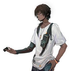  1boy arknights black_hair black_sleeves bracelet closed_mouth commentary_request dark-skinned_male dark_skin denim glasses hand_on_own_hip hand_up highres jeans jewelry long_hair long_sleeves male_focus necklace official_alternate_costume orange_eyes pants reaching shenji_laurant shirt short_sleeves simple_background single_sleeve solo t-shirt thorns_(arknights) thorns_(comodo)_(arknights) upper_body white_background white_shirt 