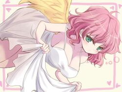  alternate_breast_size angel angel_wings blush breasts cleavage collarbone dress feathered_wings female green_eyes hamaneko29q harpy_(puyopuyo) monster_girl pink_hair puyopuyo skirt_hold solo spaghetti_strap wavy_hair white_dress wings yellow_wings 