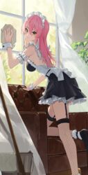  absurdres alternate_costume apron arm_garter black_dress black_garter_straps black_thighhighs blush breasts cleaning cleaning_windows curtains dress enmaided female fishnet_thighhighs fishnets garter_straps hair_between_eyes highres holding_rag idolmaster idolmaster_cinderella_girls indoors jougasaki_mika long_hair looking_at_viewer maid maid_headdress medium_breasts ningen_gokko pink_hair smile solo straight_hair thighhighs very_long_hair white_apron window wrist_cuffs 