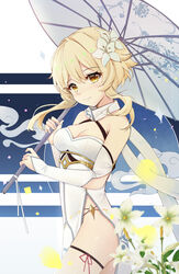  adapted_costume alternate_costume blonde_hair breasts china_dress chinese_clothes cleavage clothing_cutout commentary_request detached_sleeves dress eyes_visible_through_hair female flower genshin_impact hair_flower hair_ornament highres holding looking_at_viewer lumine_(genshin_impact) oil-paper_umbrella qingye_ling scarf short_hair short_hair_with_long_locks solo thigh_cutout umbrella white_dress yellow_eyes 