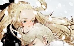  1boy ahoge blonde_hair blush bow bravely_default:_flying_fairy bravely_default_(series) closed_mouth commentary_request edea_lee female green_eyes hairbow long_hair maccory ringabel snow winter_clothes 