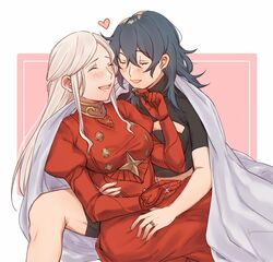  2girls ^_^ blanket blue_hair byleth_(female)_(fire_emblem) byleth_(fire_emblem) candy chocolate closed_eyes couple dark_blue_hair dress edelgard_von_hresvelg facing_another fire_emblem fire_emblem:_three_houses food gloves gorget grey_hair happy heart heart-shaped_chocolate holding holding_chocolate holding_food jewelry long_hair lower_teeth_only medium_hair multiple_girls no_legwear open_mouth parted_bangs red_dress red_gloves ring shared_blanket shorts sitting sitting_on_lap sitting_on_person smile sparkle teeth valentine wedding_ring wife_and_wife yukari_(bryleluansing) yuri 