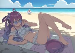  adjusting_eyewear ahoge bare_legs barefoot beach beach_towel bikini blue_hair breasts closed_mouth day feet female frilled_bikini frills gradient_hair hair_rings highres himemori_luna hololive kanzaki_hiro knees_up long_hair looking_at_viewer luknight_(himemori_luna) lying medium_breasts multicolored_hair nail_polish off-shoulder_bikini off_shoulder on_back outdoors pink_hair pink_nails purple-tinted_eyewear purple_eyes sand second-party_source single_hair_ring solo sunglasses swimsuit tinted_eyewear toenail_polish toenails toes towel virtual_youtuber white_bikini 