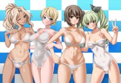  4girls ;d adjusting_bow alternate_hairstyle anchovy_(girls_und_panzer) arm_around_back ass_visible_through_thighs bikini black_ribbon blonde_hair blue_background blue_eyes blush bow braid breasts brown_eyes brown_hair checkered_background closed_mouth commentary_request covered_navel criss-cross_halter darjeeling_(girls_und_panzer) drill_hair frown girls_und_panzer green_hair grin hair_intakes hair_ribbon hair_up halterneck hand_on_another&#039;s_shoulder head_tilt kay_(girls_und_panzer) large_breasts leaning_to_the_side locked_arms long_hair looking_at_viewer medium_breasts multi-strapped_bikini multiple_girls navel nishizumi_maho one-piece_swimsuit one_eye_closed open_mouth partial_commentary red_eyes ribbon saitou_gabio short_hair skindentation smile standing stomach swimsuit tan tanlines tied_hair trait_connection twin_drills twintails v variant_set white_bikini white_one-piece_swimsuit 