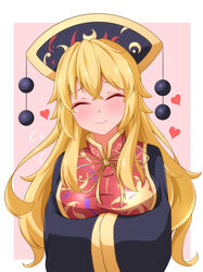  black_dress black_hat black_sleeves blonde_hair blush border breasts chinese_clothes closed_eyes closed_mouth crescent dress female hair_between_eyes hat heart highres junko_(touhou) long_hair long_sleeves medium_breasts neck_ribbon own_hands_together pink_background pom_pom_(clothes) red_vest ribbon simple_background smile solo tasuku_(tusktouhou4) touhou upper_body vest white_border yellow_ribbon 