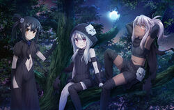  3girls armpits arms_up assassin_(fate/zero) assassin_(fate/zero)_(cosplay) black_hair black_thighhighs brown_eyes chloe_von_einzbern clothing_cutout commentary_request cosplay dark-skinned_female dark_skin fate/kaleid_liner_prisma_illya fate_(series) hair_ornament hassan_of_serenity_(fate) hassan_of_serenity_(fate)_(cosplay) illyasviel_von_einzbern looking_at_viewer looking_up mask midriff miyu_edelfelt moon multiple_girls navel navel_cutout night official_art outdoors red_eyes single_thighhigh skull_hair_ornament skull_mask smile thighhighs tree white_hair 