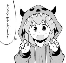  :d anbe_masahiro blush claw_pose commentary_request dot_nose drawstring fake_horns female greyscale halftone halloween halloween_costume hands_up hood horns ikamusume long_sleeves looking_at_viewer lowres monochrome official_art open_mouth shinryaku!_ikamusume simple_background smile solo speech_bubble tareme translated trick_or_treat upper_body v-shaped_eyebrows white_background 