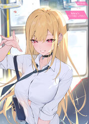  absurdres bag barbell_piercing black_choker blonde_hair blush breasts button_gap charm_(object) choker collared_shirt commentary day ear_piercing earrings eyelashes fake_nails female glint grin gyaru hair_between_eyes hand_grip hand_up highres houkisei industrial_piercing jewelry kitagawa_marin large_breasts long_hair looking_at_viewer loose_necktie necktie nikaidou_shion open_hand piercing red_eyes school_bag school_uniform shirt sleeves_rolled_up smile solo sono_bisque_doll_wa_koi_wo_suru speech_bubble straight_hair teeth timestamp train_interior translated upper_body white_shirt window 