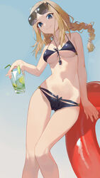  absurdres ass_visible_through_thighs bare_arms bare_shoulders bikini black_bikini blonde_hair blue_sky braid breasts brown_eyes closed_mouth cup day drink drinking_glass drinking_straw eyewear_on_head feet_out_of_frame female girls&#039;_frontline highres holding holding_cup innertube long_hair looking_at_viewer medium_breasts navel outdoors ren_huozhe serdyukov_(crow_lifeguard)_(girls&#039;_frontline) serdyukov_(girls&#039;_frontline) sky smile solo stomach sunglasses swim_ring swimsuit thigh_gap twin_braids underboob whistle whistle_around_neck 