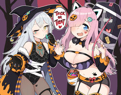  2girls :d @_@ ahoge alternate_costume animal_ears bandages bandeau bare_shoulders black_coat black_gloves black_headwear black_legwear black_leotard black_shorts blue_eyes breasts brown_legwear cat_ears claw_pose cleavage cleavage_cutout closed_mouth clothing_cutout coat coffin counter:side cowboy_shot crop_top detached_collar detached_sleeves facial_mark fake_animal_ears fur_trim gaeun_(counter:side) garter_straps gloves hair_ornament hair_over_one_eye hairclip halloween hat headphones headphones_around_neck heart heart_cutout highres holding junsuina_fujunbutsu large_breasts leotard long_hair long_sleeves looking_at_viewer micro_shorts midriff miya_(counter:side) multiple_girls nail_art navel off_shoulder one_eye_closed open_clothes open_coat open_mouth pantyhose pink_hair revealing_clothes shorts smile speech_bubble spider_web_print star_(symbol) stomach striped tattoo thighhighs thighs trick_or_treat white_hair witch_hat yellow_eyes 