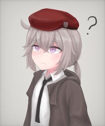  ? ahoge bad_id bad_pixiv_id beret blush borrowed_clothes collared_shirt female flat_chest girls&#039;_frontline grey_hair hat highres m200_(girls&#039;_frontline) medium_hair necktie neibaru_83 ponytail purple_eyes shirt solo 