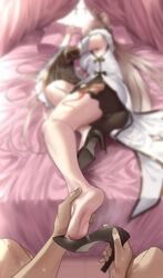  1boy ankle_grab ass bare_shoulders barefoot bed bed_sheet black_footwear black_shorts blurry blurry_background china_dress chinese_clothes commentary_request depth_of_field detached_sleeves dress drunk feet female genshin_impact grey_hair hair_ornament hair_stick hairpin head_on_pillow high_heels highres holding_feet legs long_hair long_sleeves ningguang_(genshin_impact) no_socks nude on_bed pelvic_curtain pillow removing_shoes shoes shorts soles solo_focus straight sweatdrop very_long_hair white_dress wide_sleeves yonoki 