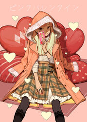  black_legwear blonde_hair blunt_bangs brown_eyes commentary_request earrings hidari_(left_side) hood hooded_coat jewelry long_hair looking_at_viewer lotte_(company) original pink_valentine product_placement ring sitting skirt smile watch wristwatch 