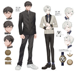  2boys absurdres black_footwear black_pants black_shirt brown_hair collared_shirt commentary_request expressions full_body gakuran grey_jacket highres inuzumi_shibahiko_(megechan) jacket kowata_shunki_(megechan) lapels long_sleeves male_focus mege_(megechan) multiple_boys necktie orange_eyes original pants reference_sheet school_uniform shawl_lapels shirt shoes short_hair simple_background sneakers standing suit_jacket translation_request watch white_background white_footwear white_hair white_necktie wristwatch 