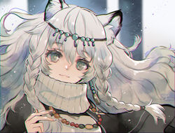  :3 animal_ear_fluff animal_ears arknights bead_necklace beads blurry braid circlet cloak closed_mouth commentary_request female fingernails floating_hair green_eyes hair_between_eyes jewelry leopard_ears long_hair long_sleeves looking_at_viewer necklace portrait pramanix_(arknights) ren-co side_braid smile solo turtleneck twin_braids white_hair 