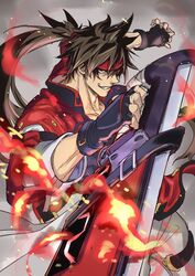  1boy brown_hair commentary_request cowboy_shot fingerless_gloves fire fireseal forehead_protector gloves grin guilty_gear jacket long_hair male_focus outrage_mk_ii ponytail red_eyes red_jacket saeki_shun smile sol_badguy solo sword weapon 