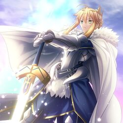  ahoge armor armored_dress artoria_pendragon_(fate) artoria_pendragon_(lancer)_(fate) blonde_hair blue_dress braid cape closed_mouth cloud commentary_request crown dress excalibur_(fate/stay_night) fate/grand_order fate_(series) female french_braid fur-trimmed_cape fur_trim gauntlets glowing glowing_weapon green_eyes hair_between_eyes hair_ornament hands_on_hilt holding holding_sword holding_weapon light_particles lion_king_(lancer)_(fate) long_sleeves looking_away outdoors parody shoori_(migiha) short_hair sidelocks sky solo style_parody sword takeuchi_takashi_(style) weapon white_cape 