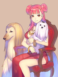  afghan_hound animal armchair bracelet breasts brown_background canine chair cleavage closed_mouth clothing_cutout commentary_request double_bun dress enkyo_yuuichirou feet_out_of_frame female hair_bun highres hisho_collection holding holding_animal holding_dog jewelry lhasa_apso long_dress long_hair looking_at_viewer medium_breasts mole mole_under_eye necklace orange_eyes pink_hair side_cutout simple_background smile 