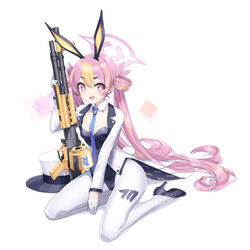  :3 animal_ears black_leotard blonde_hair blue_archive blue_necktie blush breasts detached_collar fake_animal_ears female formal gloves gun hair_between_eyes hair_ribbon hair_spread_out half_gloves halo hat highres holding holding_weapon koyuki_(blue_archive) koyuki_(bunny)_(blue_archive) ktsecond leotard long_hair looking_at_viewer m60 machine_gun multicolored_hair necktie oerba_yun_fang open_clothes open_mouth pantyhose pink_eyes pink_hair pink_ribbon playboy_bunny rabbit_ears ribbon short_eyebrows simple_background sitting small_breasts solo star-shaped_pupils star_(symbol) streaked_hair suit symbol-shaped_pupils tie_clip top_hat twintails two-tone_hair very_long_hair weapon white_background white_gloves white_pantyhose white_suit yokozuwari 