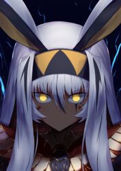  absurdres animal_ears antenna_hair black_hair colored_inner_hair dark-skinned_female dark_skin earrings facepaint facial_mark fate/grand_order fate_(series) female glowing glowing_eyes hairband highres hoop_earrings jackal_ears jewelry long_hair looking_at_viewer multicolored_hair nitocris_(fate) nitocris_alter_(fate) nitocris_alter_(first_ascension)_(fate) sidelocks solo streaked_hair tsukinaga usekh_collar very_long_hair white_hair yellow_eyes 