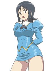  agent_aika aika_(series) arms_behind_back ascot black_ascot black_hair blue_delmo blue_jacket blue_skirt blush breasts brown_eyes commentary_request covered_navel covered_nipples crotch_seam delmogeny_uniform female highres jacket juliet_sleeves kuroyoshi long_sleeves looking_at_viewer medium_breasts open_mouth panties pantyshot pencil_skirt puffy_sleeves short_hair skirt solo standing underwear waitress_delmo white_background white_panties 