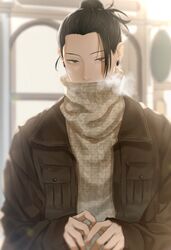  1boy black_eyes black_hair black_jacket ear_piercing getou_suguru grey_scarf grey_sweater hair_bun hair_pulled_back highres jacket jujutsu_kaisen kuropani_cos long_sleeves looking_at_viewer male_focus piercing scarf short_hair single_hair_bun sleeves_past_wrists solo sweater upper_body visible_air 