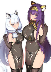  2girls absurdres alternate_costume animal_ears animal_print bikini black_dress black_gloves blunt_bangs breasts china_dress chinese_clothes covered_navel dress elbow_gloves fake_animal_ears gloves hair_ribbon height_difference hie_(hiememiko) hiememiko highres kantai_collection large_breasts long_hair medium_breasts multiple_girls murakumo_(kancolle) orange_eyes original print_bikini purple_eyes purple_hair ribbon see-through see-through_dress short_eyebrows sidelocks swimsuit thighhighs tiger_ears tiger_print tress_ribbon very_long_hair white_hair white_tiger_print 