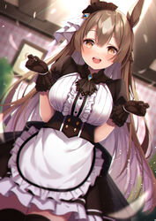  :d amahara_pekozaemon animal_ears apron black_dress black_gloves black_thighhighs blurry blurry_background blush braid breasts brown_eyes brown_hair center_frills commentary_request depth_of_field dress dutch_angle ear_ornament female frilled_apron frills gloves hair_between_eyes half_updo hands_up highres horse_ears horse_girl indoors long_hair looking_at_viewer medium_breasts open_mouth puffy_short_sleeves puffy_sleeves satono_diamond_(umamusume) shirt short_sleeves smile solo thighhighs umamusume very_long_hair waist_apron white_apron white_shirt 