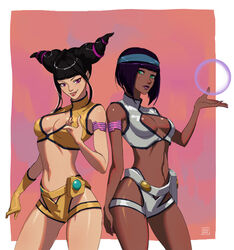  2girls armlet back-to-back bangs belt_pouch black_hair blunt_bangs breasts cleavage cleavage_cutout commission commissioner_upload cosplay crop_top crystal_ball dark_skin dirty_pair doubled67 gloves green_eyes headband hip_vent juri_han kei_(dirty_pair) kei_(dirty_pair)_(cosplay) lips medium_breasts menat midriff multiple_girls navel orb pouch purple_eyes purple_hair short_shorts short_twintails shorts single_glove sleeveless sleeveless_turtleneck street_fighter street_fighter_v turtleneck twintails yuri_(dirty_pair) yuri_(dirty_pair)_(cosplay) 