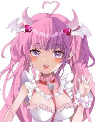  2ndope absurdres ahoge bell blush breasts choker cleavage demon_girl demon_horns demon_wings dress female frilled_sleeves frills hair_ornament head_wings heart heart_hair_ornament highres horns ironmouse ironmouse_(demon_form) jingle_bell large_breasts looking_at_viewer multicolored_hair o-ring o-ring_choker open_mouth pink_hair pointy_ears purple_eyes purple_hair red_choker smile solo streaked_hair teeth upper_teeth_only virtual_youtuber vshojo white_background white_dress white_wrist_cuffs wings wrist_cuffs 