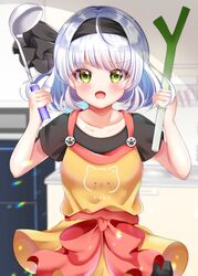  :d absurdres apron black_hairband black_shirt celery commentary_request feline female food green_eyes hairband highres holding holding_ladle konpaku_youmu ladle looking_at_viewer open_mouth red_ribbon ribbon shirotsuki_shirone shirt short_hair smile solo spring_onion touhou vegetable white_hair yellow_apron 