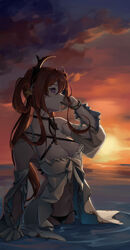  absurdres arknights backlighting bare_shoulders bikini bikini_under_clothes black_bikini black_choker bracelet breasts burnt_clothes choker cleavage cloud cloudy_sky collarbone cowboy_shot cy9 detached_sleeves evening female hair_ornament hair_rings highres horizon horns jewelry large_breasts long_hair long_sleeves mouth_hold navel ocean official_alternate_costume popsicle_stick purple_eyes red_hair revision side-tie_bikini_bottom sky solo star_(symbol) star_hair_ornament sunlight sunset surtr_(arknights) surtr_(colorful_wonderland)_(arknights) swimsuit very_long_hair wading water 