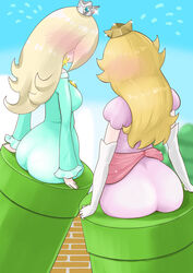  2girls ass blonde_hair blush crown dress earrings flying_sweatdrops from_behind gloves highres jewelry long_hair long_sleeves mario_(series) microsd_(pibo) multiple_girls pantylines pink_dress ponytail princess_peach rosalina star_(symbol) star_earrings super_mario_galaxy warp_pipe white_gloves 