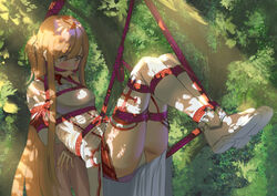  absurdres arms_behind_back asuna_(sao) blonde_hair bondage bondage bondage bound bound_arms bound_legs cailin020 cleave_gag cloth_gag commission female gag gagged highres improvised_gag long_hair restrained rope shibari_over_clothes solo suspension sword_art_online thighhighs tree yellow_eyes 