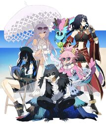  1boy 4girls :d ahoge bare_shoulders beach_chair bikini black_hair black_pants black_shorts black_skirt blue_eyes blue_hair bow braid braided_ponytail claws coat colored_inner_hair commentary detached_sleeves diamond_hairband dragon dragonfly_wings eyewear_on_head fate/grand_order fate_(series) fingerless_gloves food fur-trimmed_coat fur_trim gloves grey_eyes hairbow hand_on_own_cheek hand_on_own_face head_rest heart heart-shaped_eyewear hephaestion_(fate) highres holding holding_food holding_magazine holding_popsicle holding_umbrella innertube kumonryuu_eliza_(fate) lady_avalon_(fate) lady_avalon_(second_ascension)_(fate) long_hair low_twintails magazine_(object) merlin_(fate/prototype) midriff multicolored_hair multiple_girls ninjin_(ne_f_g_o) oberon_(fate) oberon_(third_ascension)_(fate) oerba_yun_fang one_eye_closed pants parasol pink_bow pink_eyes pink_hair pleated_skirt ponytail popsicle reading round_eyewear shirt shorts sitting skirt smile squatting sunglasses swim_ring swimsuit tenochtitlan_(fate) tenochtitlan_(second_ascension)_(fate) twintails two-tone_hair umbrella white_bikini white_shirt 